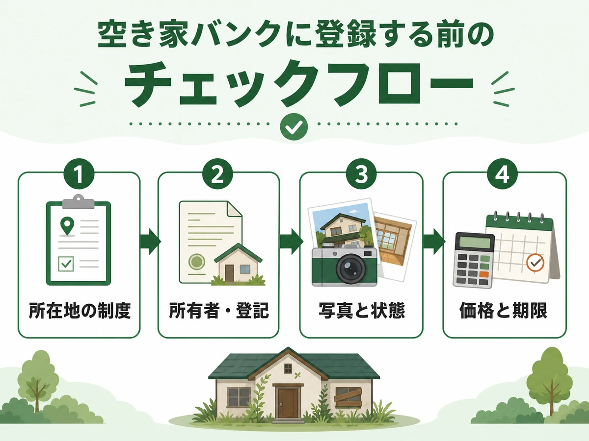 空き家バンク登録前に確認する制度、所有者、写真、価格のチェックフロー