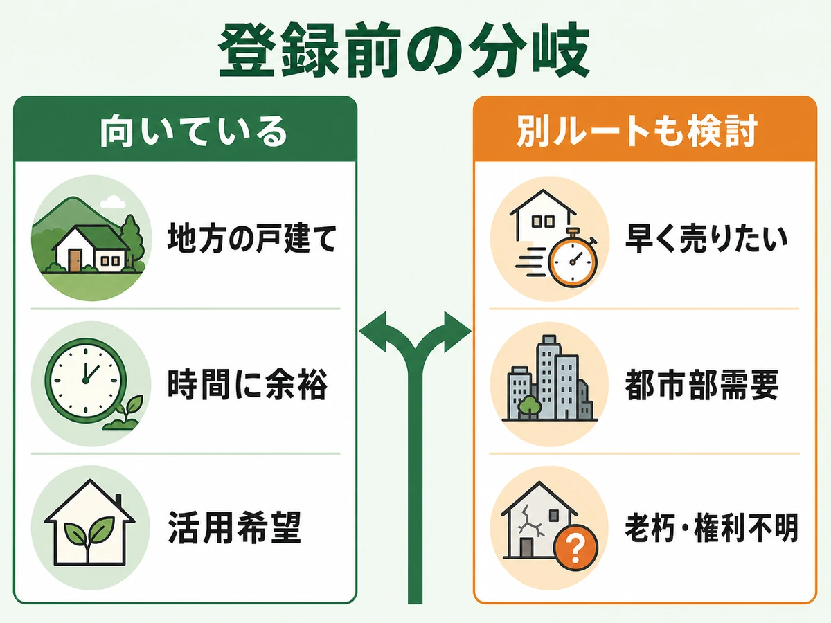 空き家バンク登録に向いている物件と別ルートを検討したい物件の分岐図
