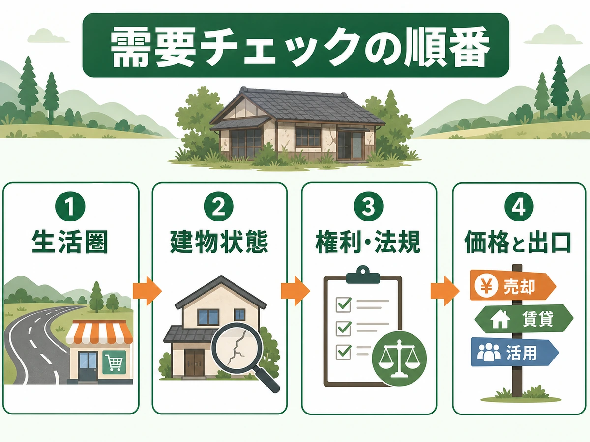 田舎の空き家の需要チェック順を示す図解