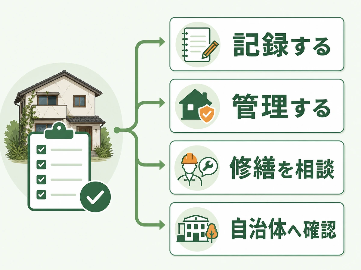 空き家を指定される前に記録、管理、修繕相談へ分ける判断図