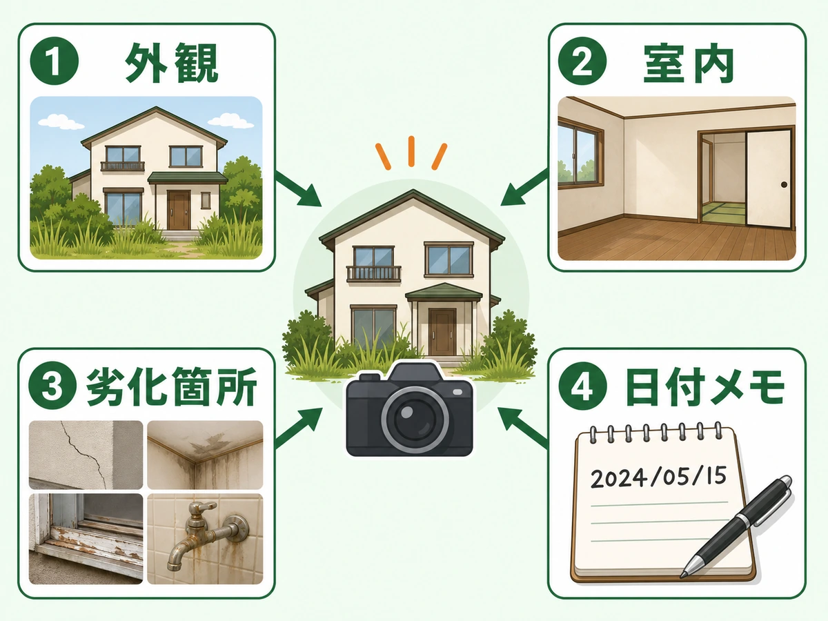 空き家の外観、室内、劣化箇所、日付メモを撮影する確認フロー
