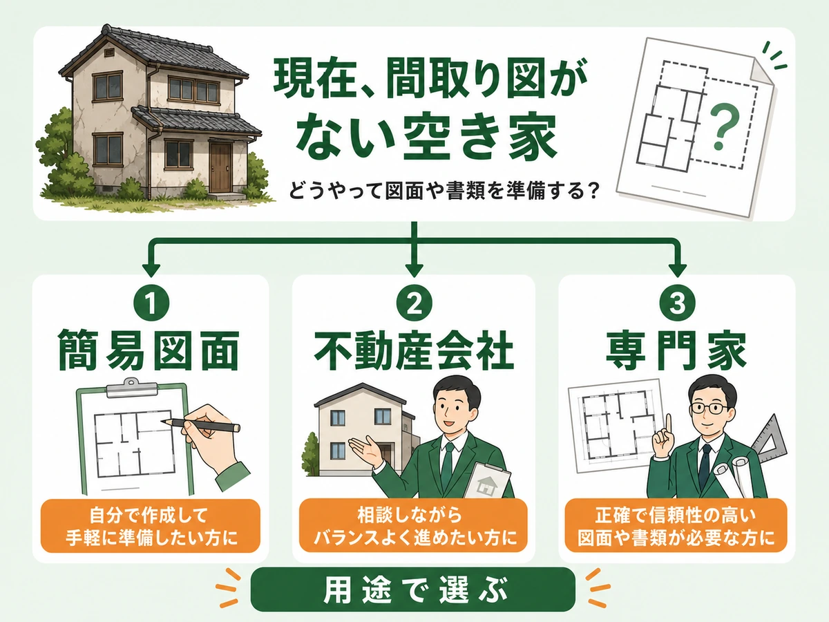間取り図がない空き家で簡易図面、不動産会社、専門家を用途で選ぶ判断図
