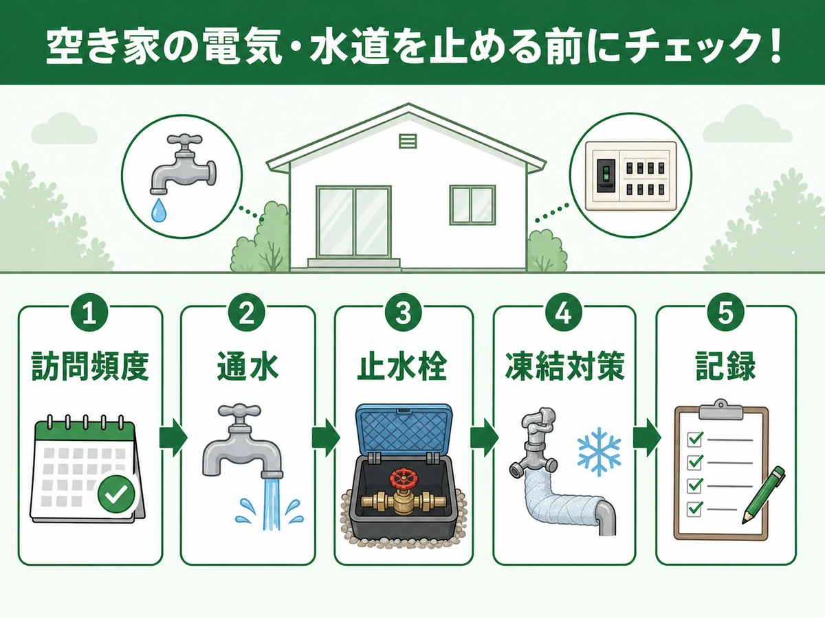 空き家の電気・水道を止める前に確認する訪問頻度や通水の流れ