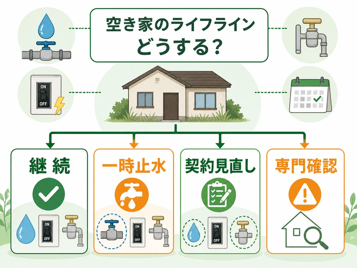 空き家のライフラインを継続・一時止水・契約見直し・専門確認に分ける判断図