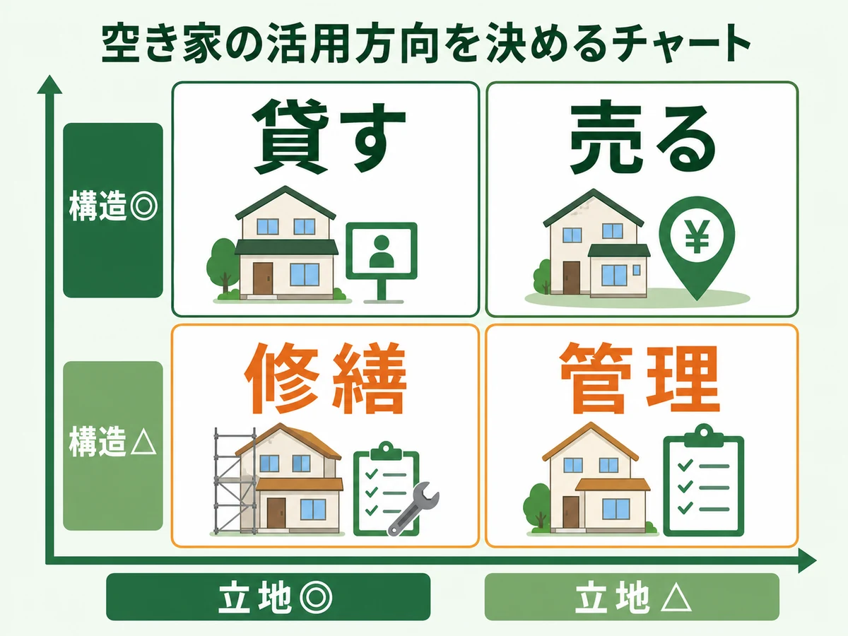 構造と立地の組み合わせで空き家を貸す、売る、修繕、管理に分ける判断図