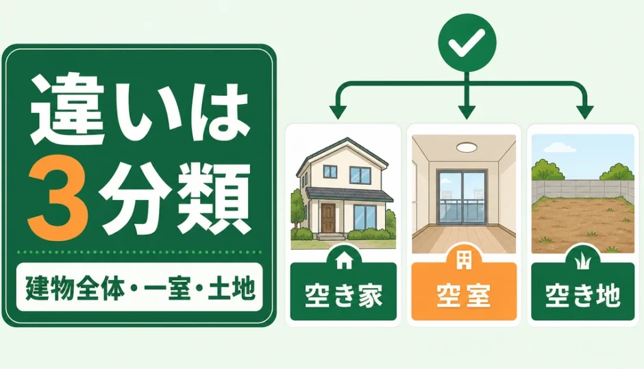 空き家・空室・空き地を建物全体、一室、土地で比較するサムネイル