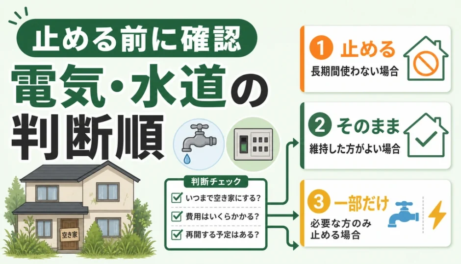 空き家の電気・水道を止める前の判断順を示す図解