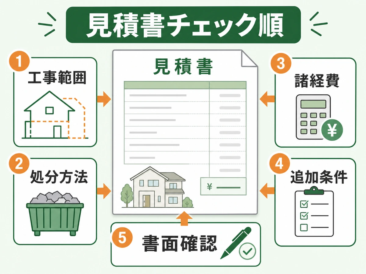 空き家工事の見積書で工事範囲、処分方法、諸経費、書面確認を見る順番