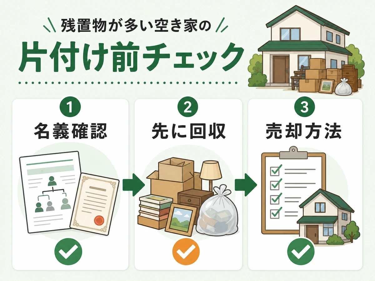 空き家の残置物を片付ける前に名義確認、先に回収、売却方法を確認する流れ