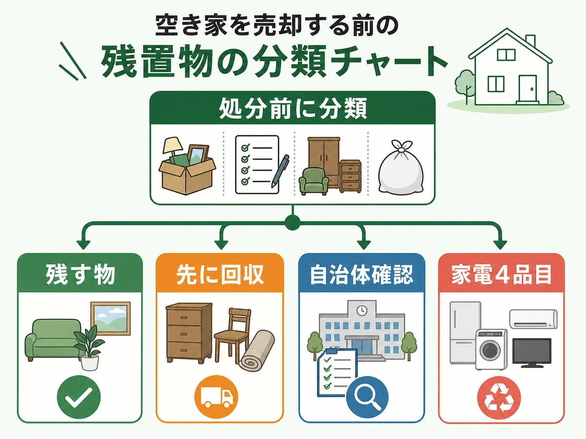 空き家売却前に残置物を残す物、先に回収する物、自治体確認、家電4品目に分類する図