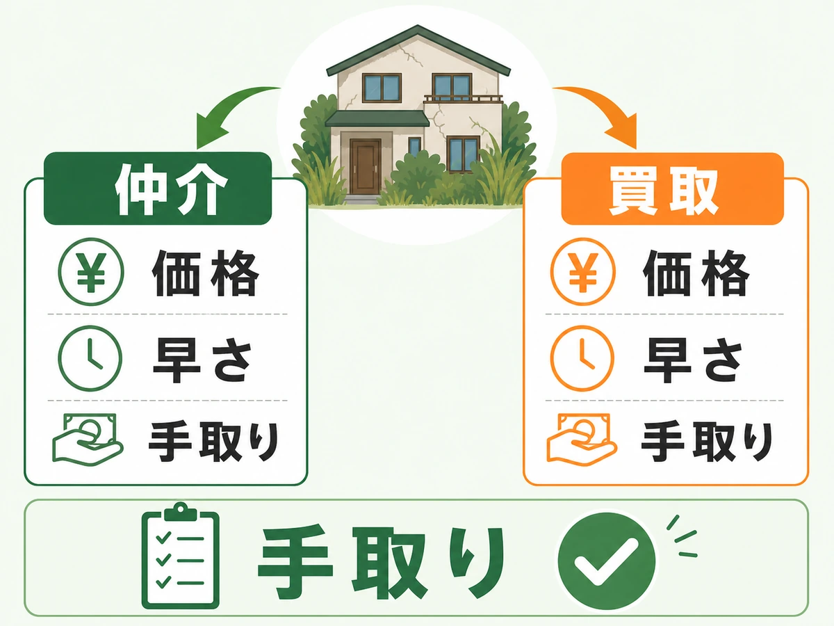仲介と買取を価格・早さ・手取りで比べる図
