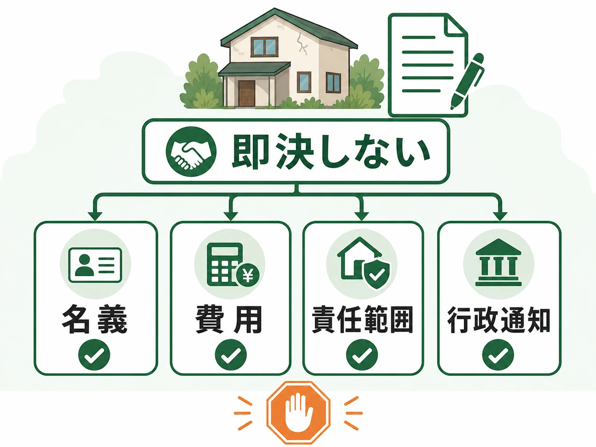 買取契約前に名義・費用・責任範囲・行政通知を確認する図