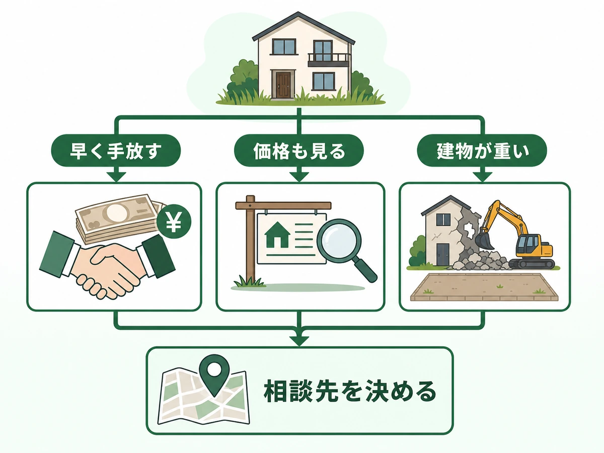 空き家の処分方法を早さ・価格・建物状態で選ぶ分岐図