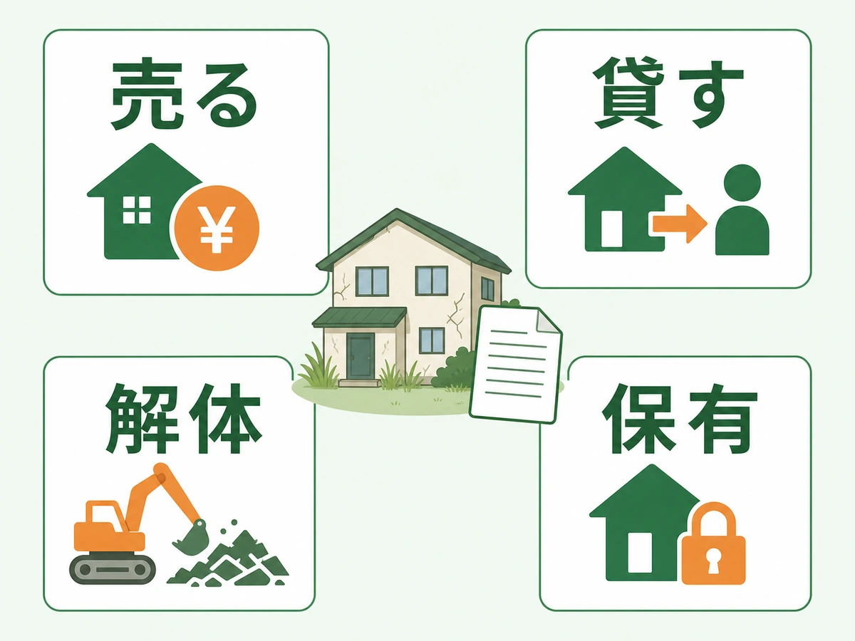 相続した空き家の売却、賃貸、解体、保有を比較する図