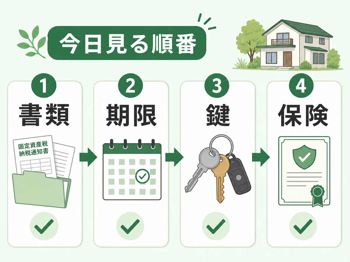 書類、期限、鍵、保険の順に相続空き家の初動確認を示す図