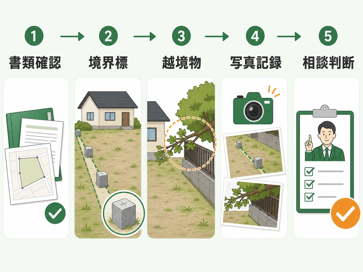 空き家売却前に書類確認、境界標、越境物、写真記録、相談判断の順を示す図