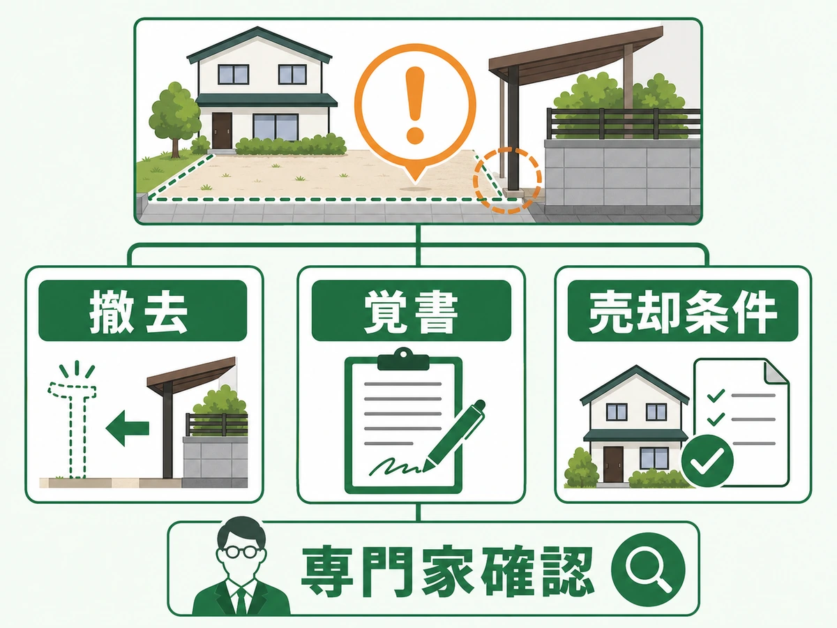 越境が見つかったときに撤去、覚書、売却条件、専門家確認へ分ける判断図