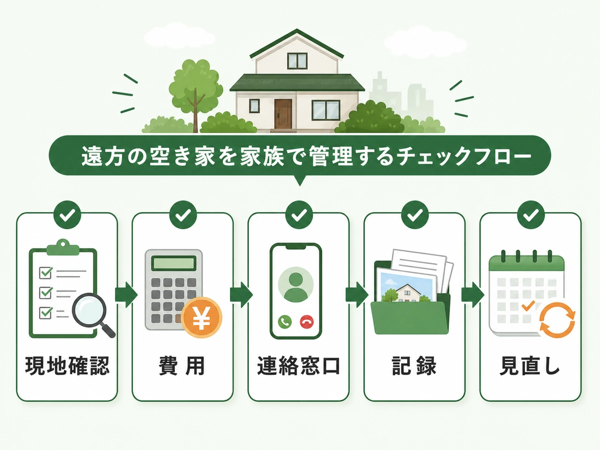 遠方の空き家管理で現地確認から見直しまでの流れを示す図解