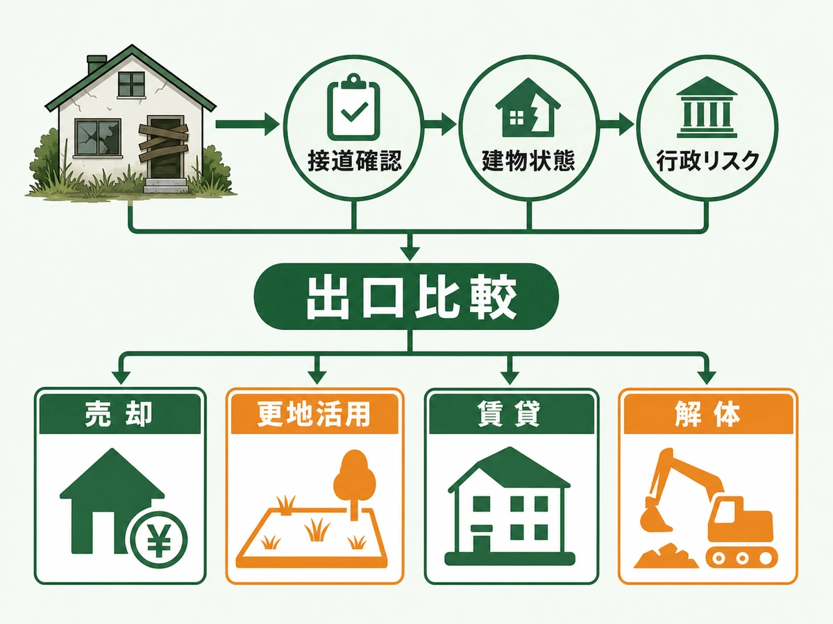 接道確認、建物状態、行政リスクを確認して出口比較へ進む判断フロー