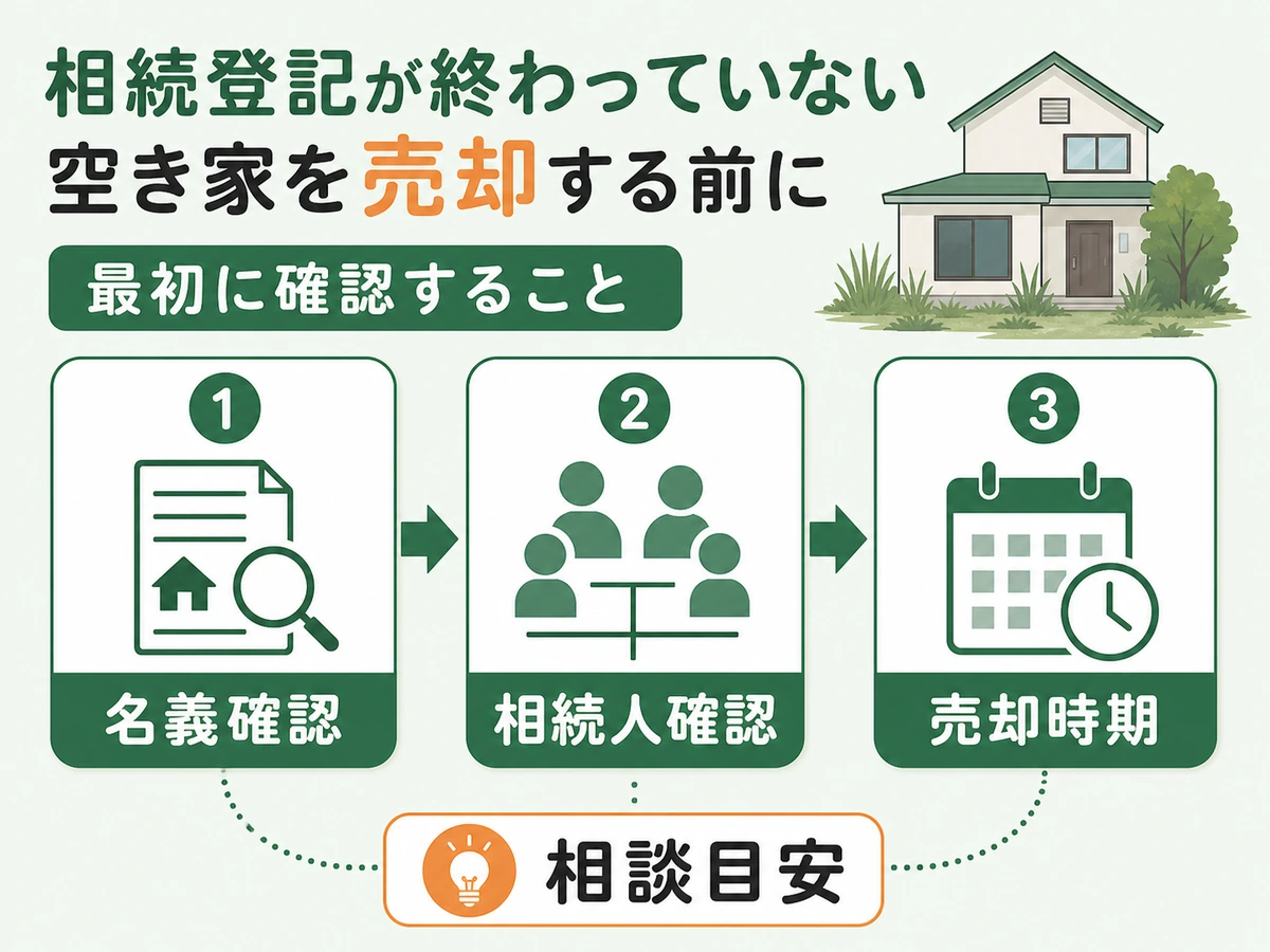 空き家を売却する前に名義確認、相続人確認、売却時期を確認する流れ