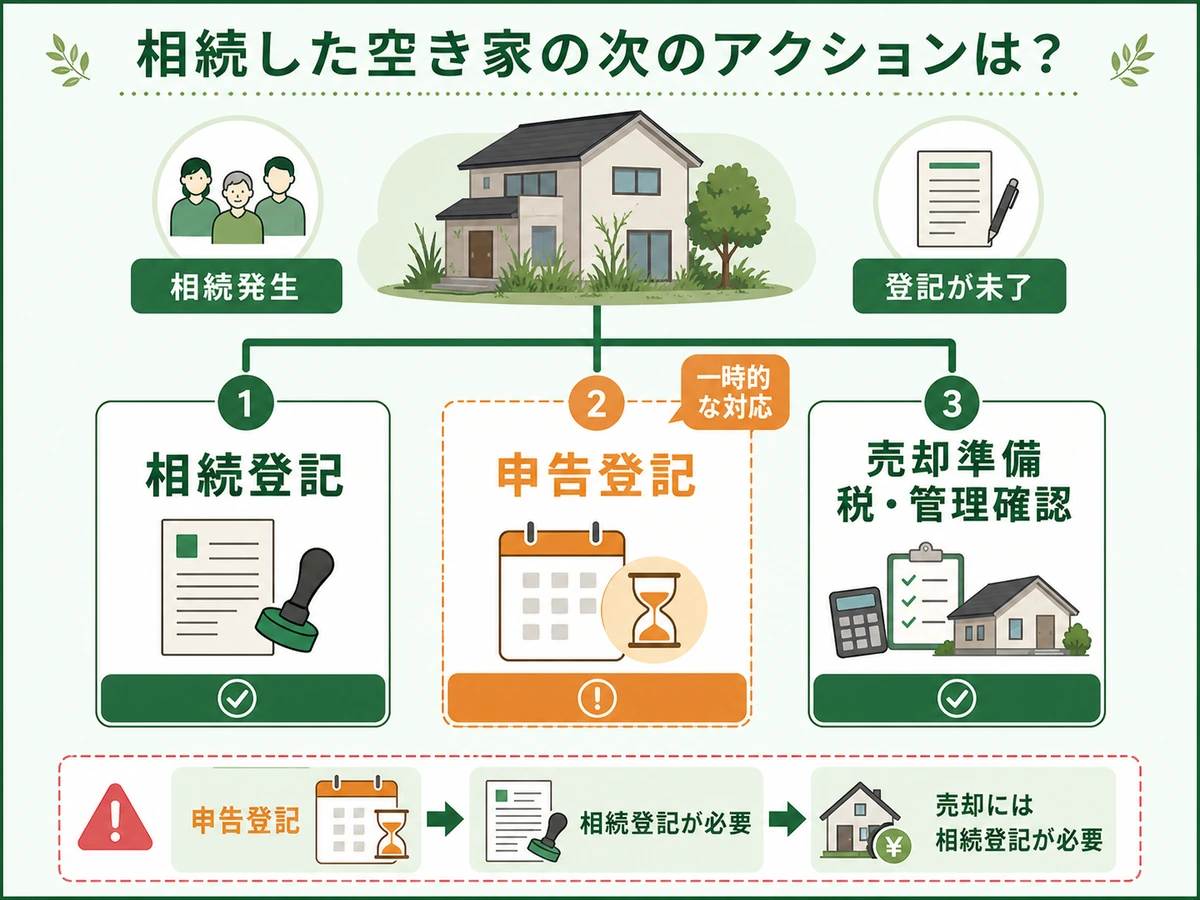 相続登記、申告登記、売却準備、税と管理確認の違いを示す図