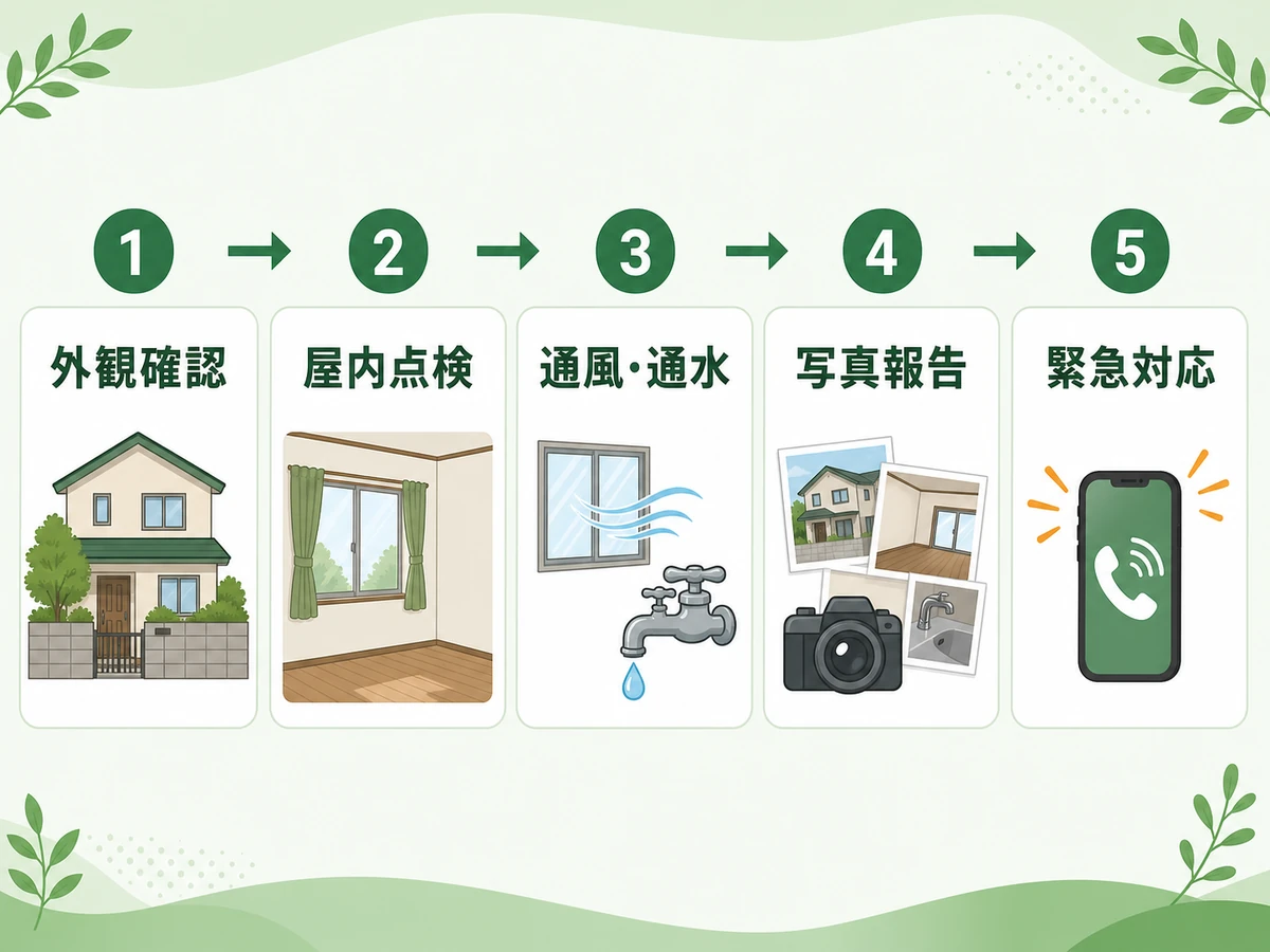 外観確認、屋内点検、通風・通水、写真報告、緊急対応の比較フロー