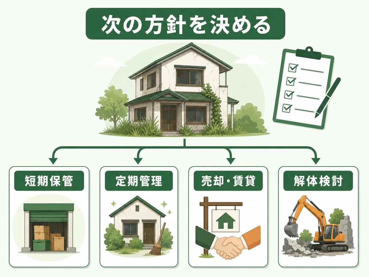 短期保管、定期管理、売却・賃貸、解体検討へ分岐する判断チャート
