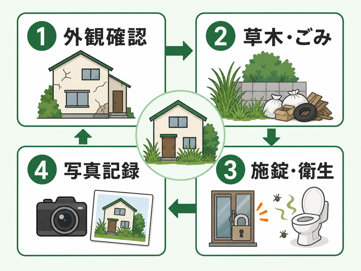 管理不全空き家の通報前チェックを外観確認から写真記録まで示す図