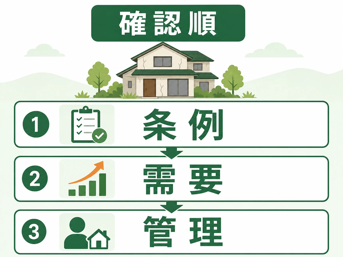 空き家民泊の確認順を条例・需要・管理で示す図