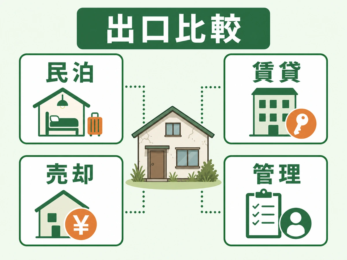 空き家の出口を民泊・賃貸・売却・管理で比較する図