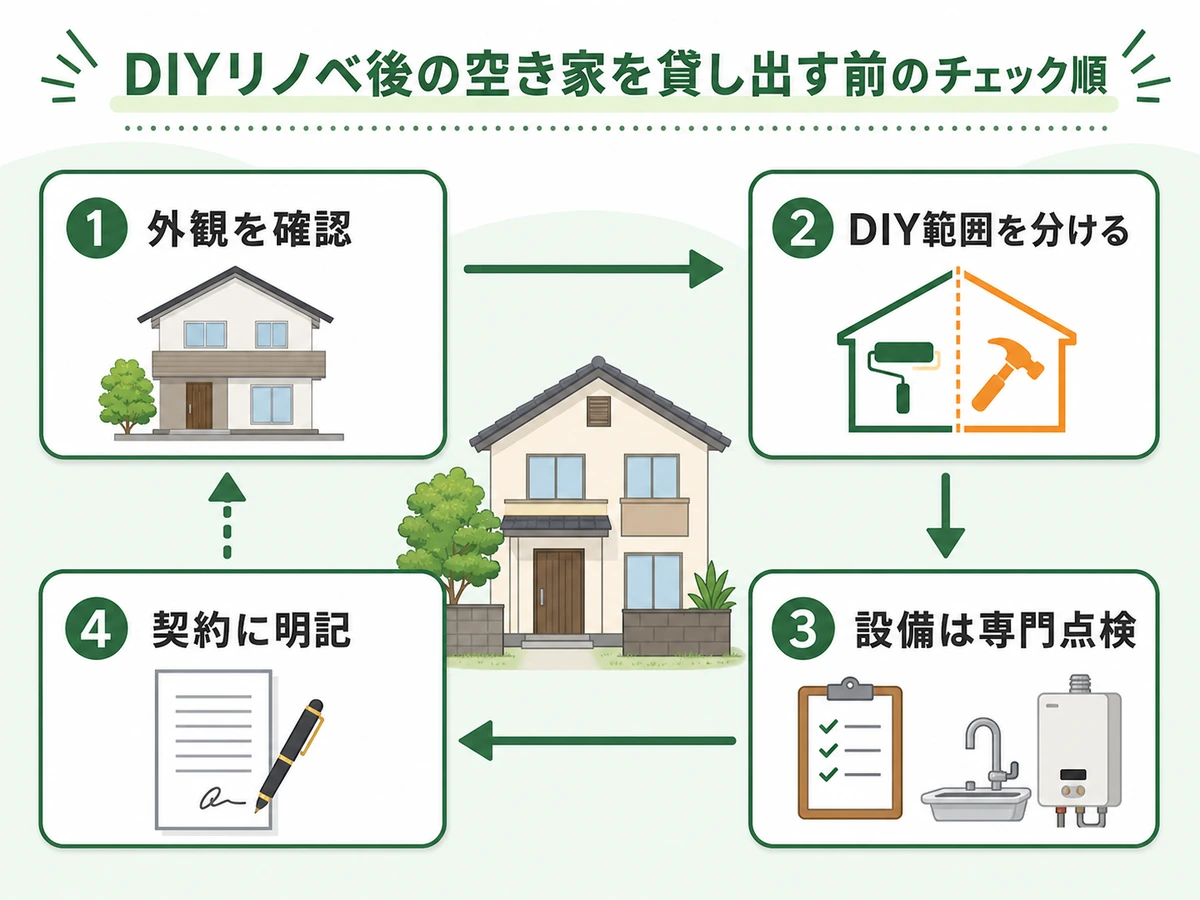DIYリノベ後の空き家を貸し出す前の確認順を示す図解