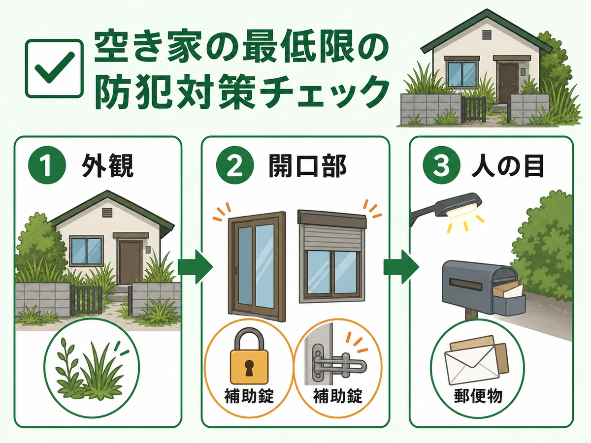 空き家の火災対策で外から確認する流れを示すチェックフロー