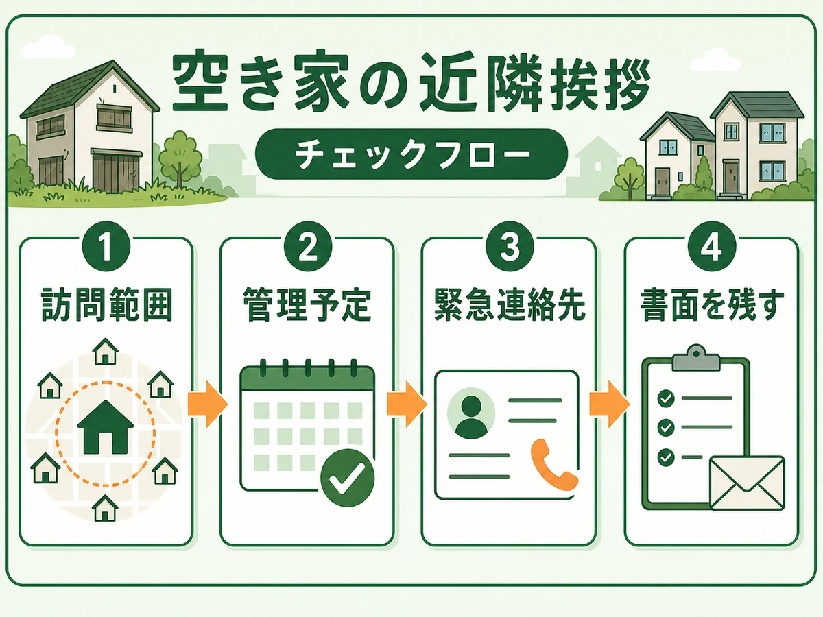 空き家の近隣挨拶で訪問範囲、管理予定、緊急連絡先、書面を残す流れ