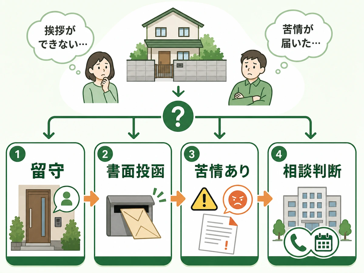空き家の近隣挨拶で留守、書面投函、苦情あり、相談判断を整理した図解