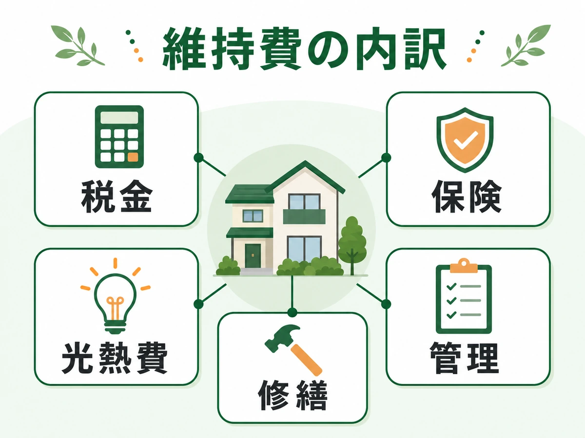 空き家の維持費の内訳を税金・保険・光熱費・管理・修繕で整理した図
