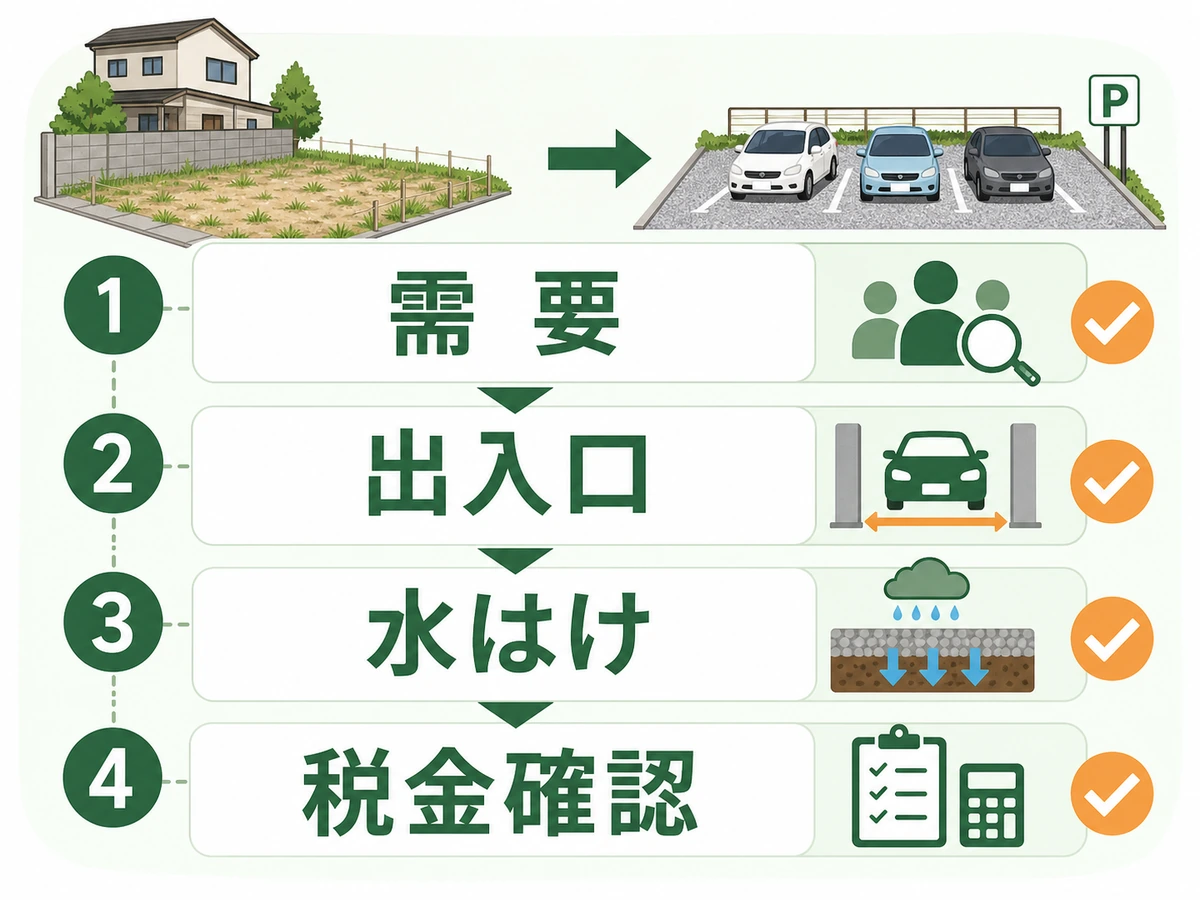 舗装なし駐車場の需要、出入口、水はけ、税金確認を示すチェックフロー