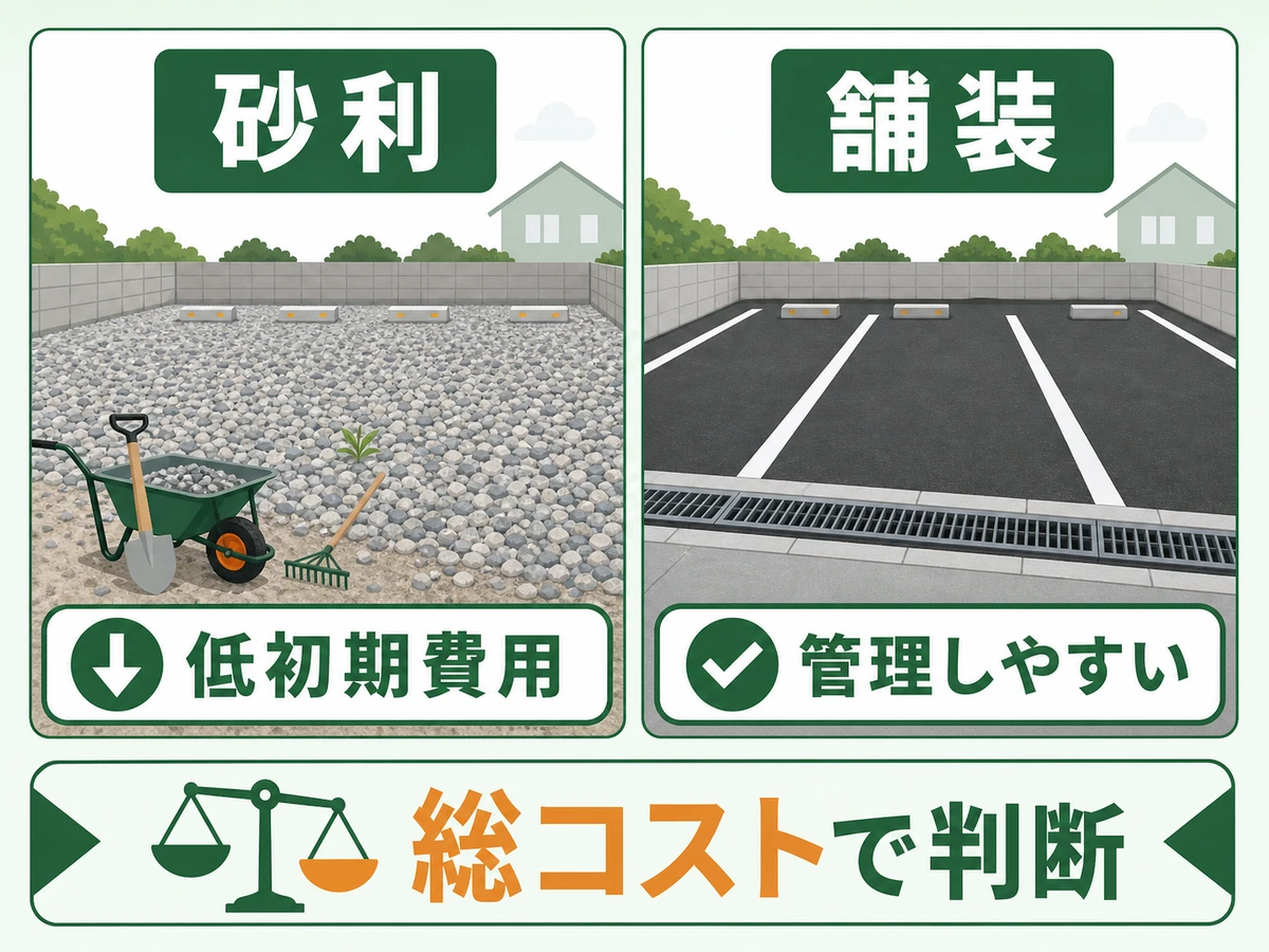 砂利駐車場と舗装駐車場を総コストで比較する図解