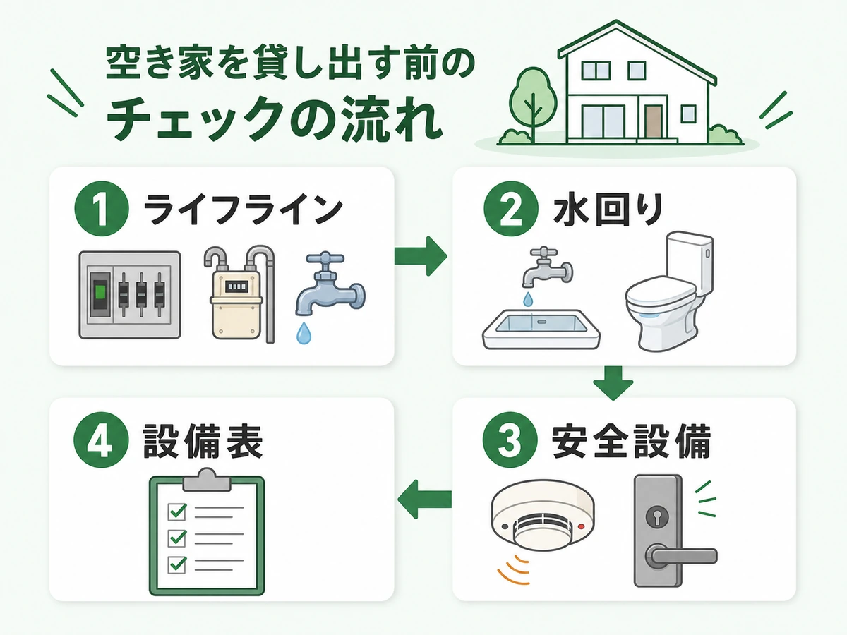 空き家を貸す前に確認するライフライン、水回り、安全設備、設備表の流れ
