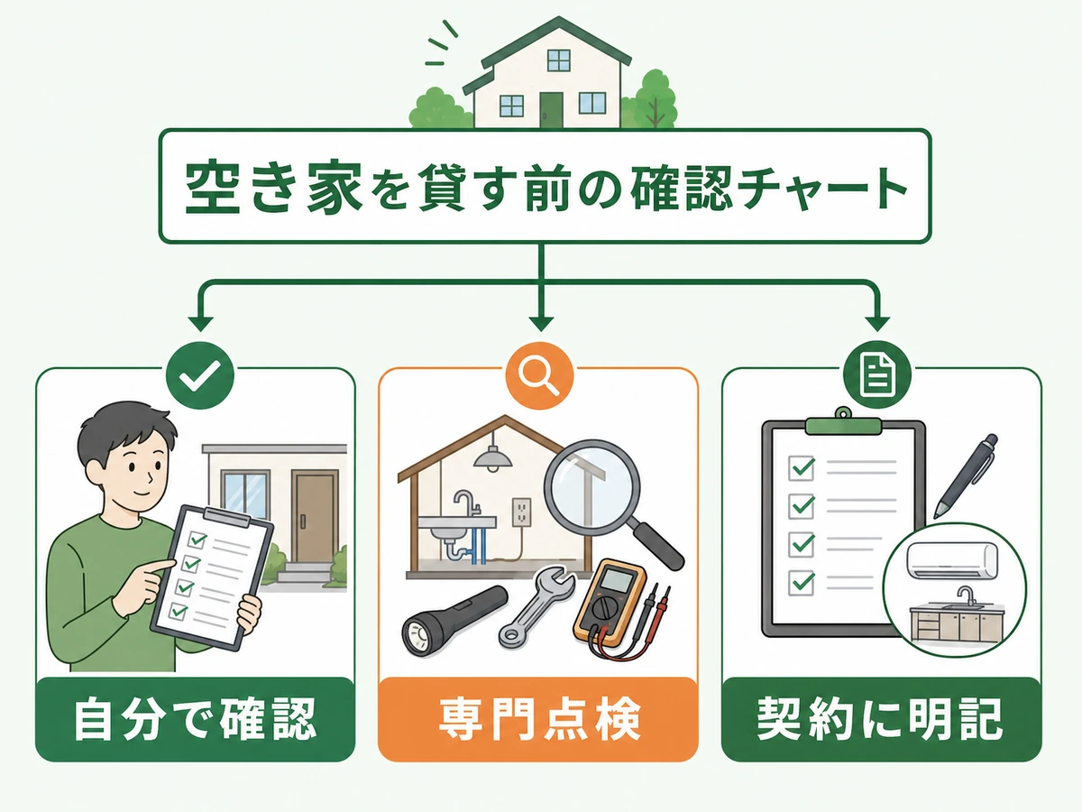 空き家設備の自己確認、専門点検、契約明記の判断図