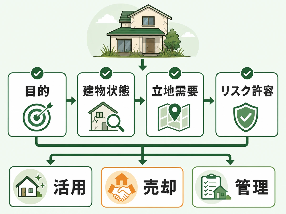 空き家活用の前に目的、建物状態、立地需要、リスク許容度を確認する流れ