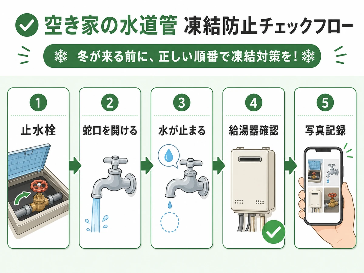 空き家の水道管凍結を防ぐ止水栓から写真記録までの確認フロー