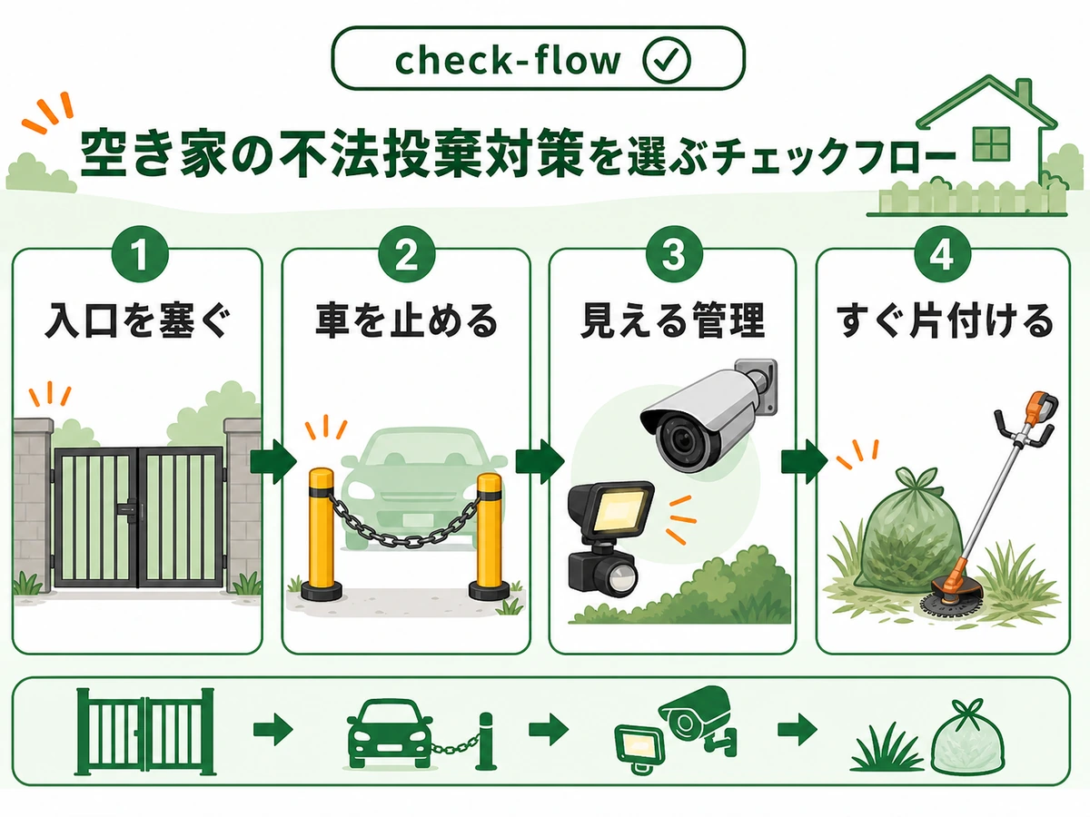 空き家の不法投棄対策で入口・車・見える管理・片付けの順番を示す図