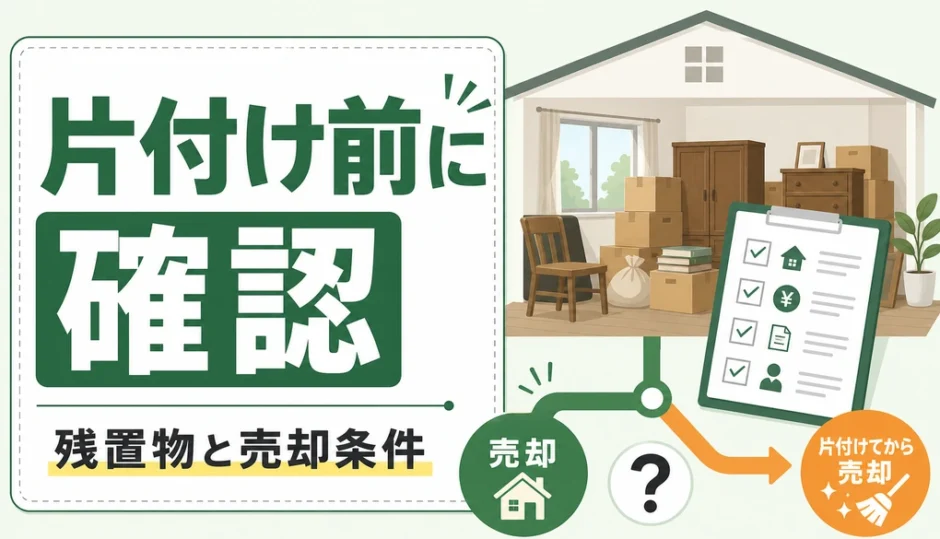 残置物が多い空き家の片付け前チェックと売却条件を示す図