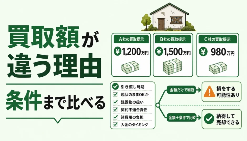 空き家買取の提示額が違う理由と条件比較を示すサムネイル
