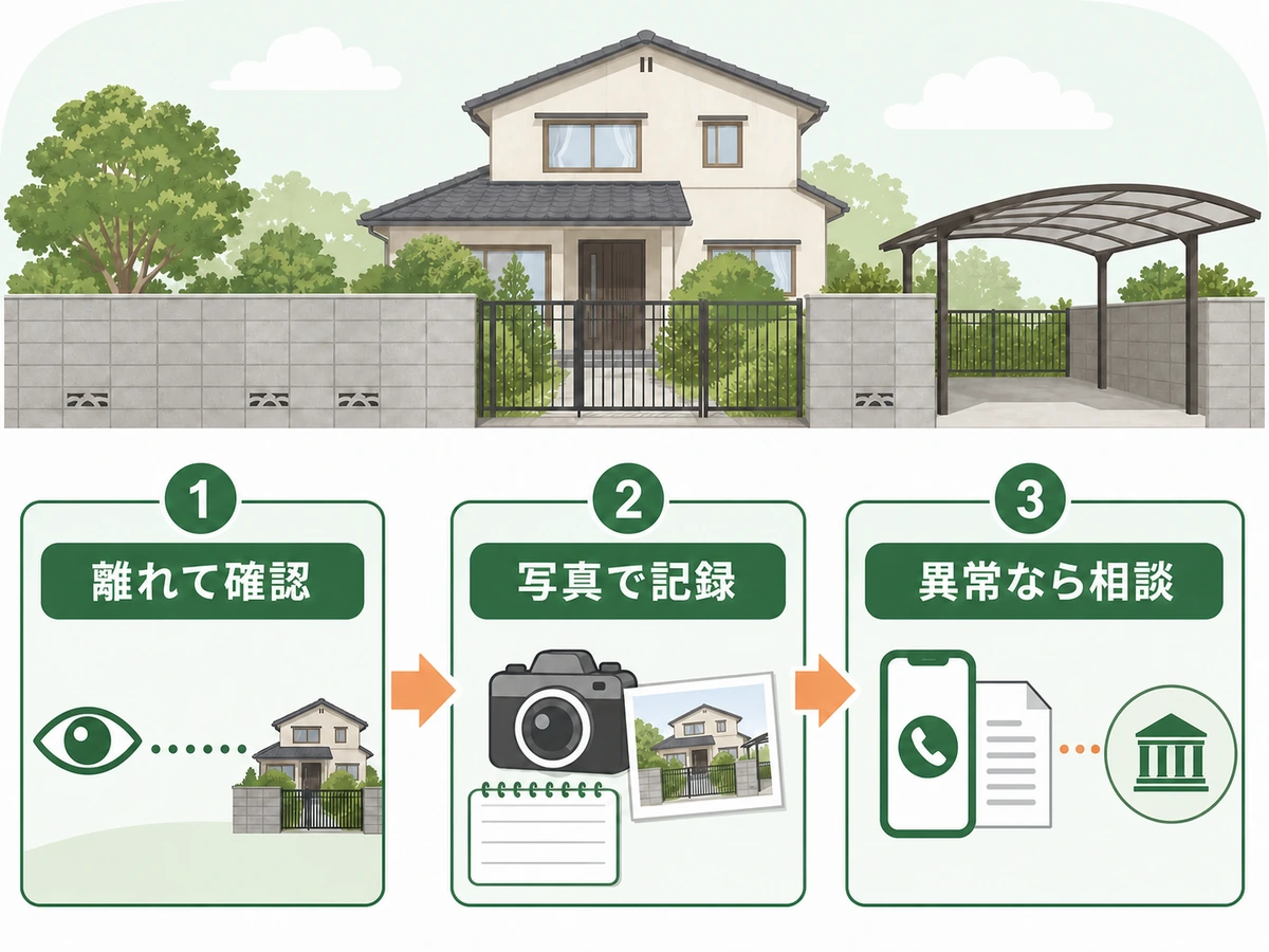 空き家の外構を離れて確認し、写真で記録して、異常時に相談する3段階