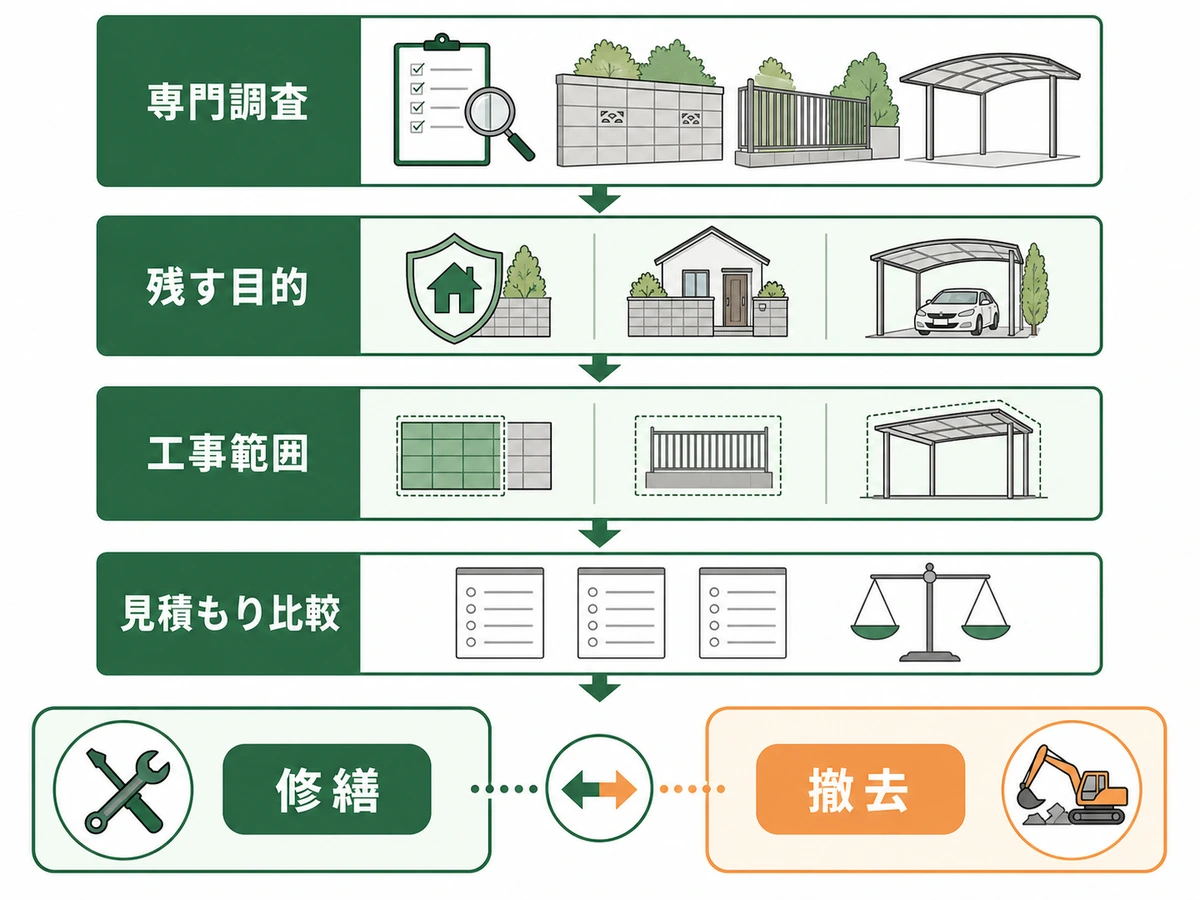 専門調査、残す目的、工事範囲、見積もり比較から修繕か撤去かを検討する流れ