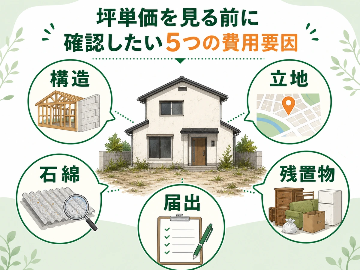 空き家解体費用を左右する構造・立地・残置物・石綿・届出の確認図