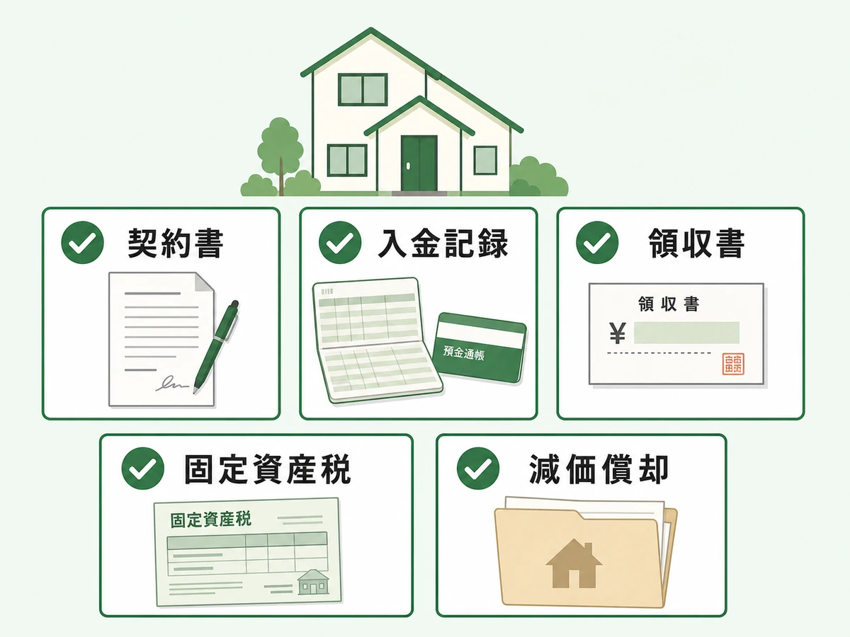 空き家賃貸の確定申告に向けて保存したい契約書、入金記録、領収書、固定資産税、減価償却資料の図