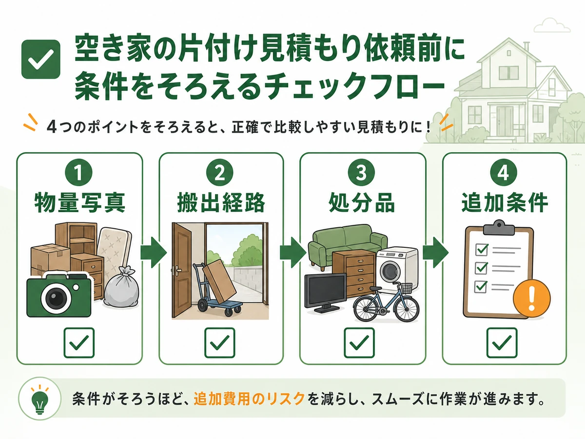空き家片付けの見積もり前に物量写真・搬出経路・処分品・追加条件をそろえる流れ