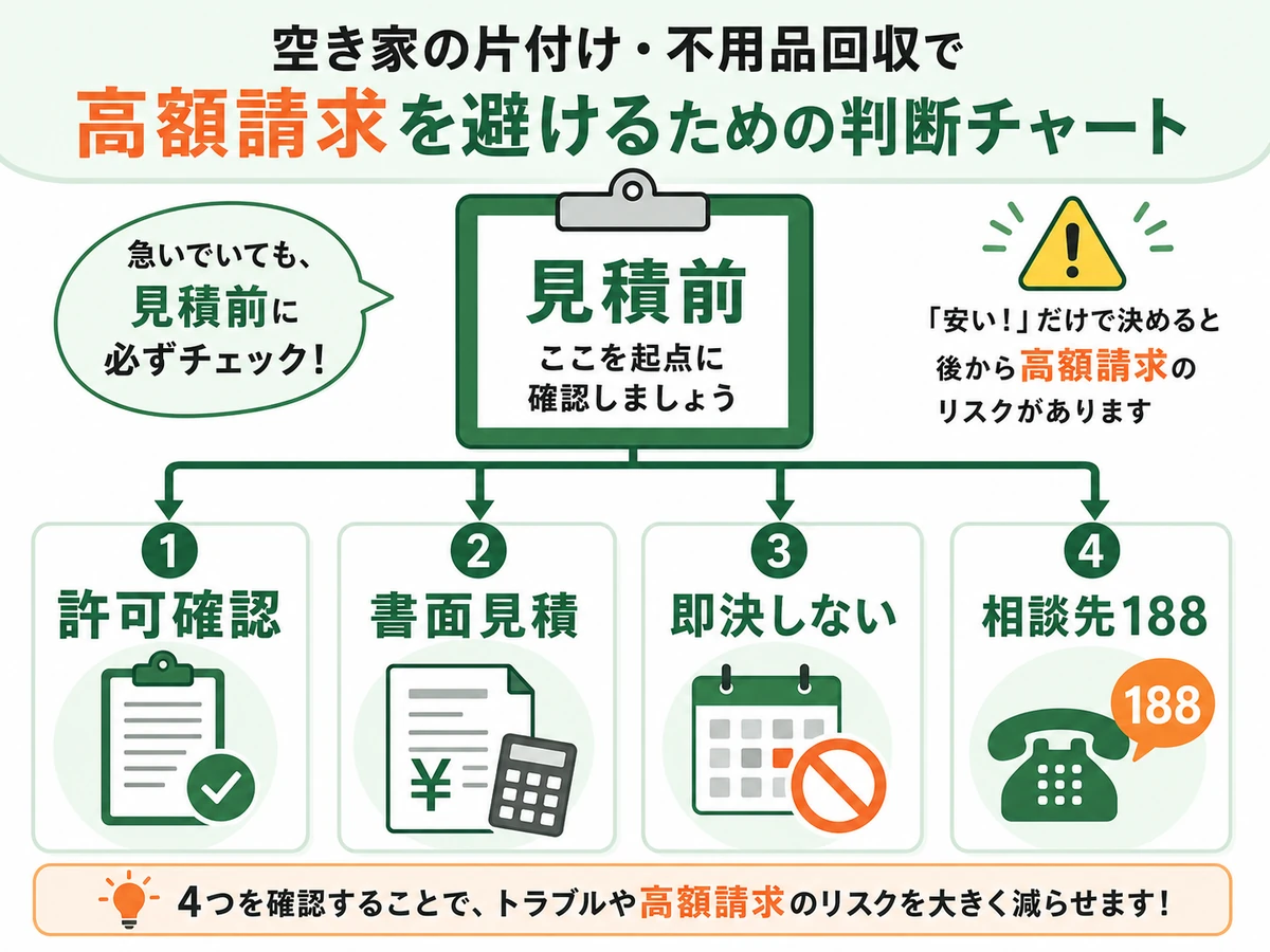 高額請求を避けるために許可確認・書面見積・即決回避・相談先188を確認する図解